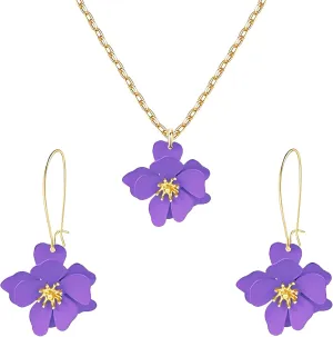 Dreuyet Charm Bohemian Daisy Flower Earring Necklaces Set for Women Elegant Matte Floral Long Petal Dangle Earrings Chic Layered Tiered Drop Earrings Seaside Holiday Jewelry