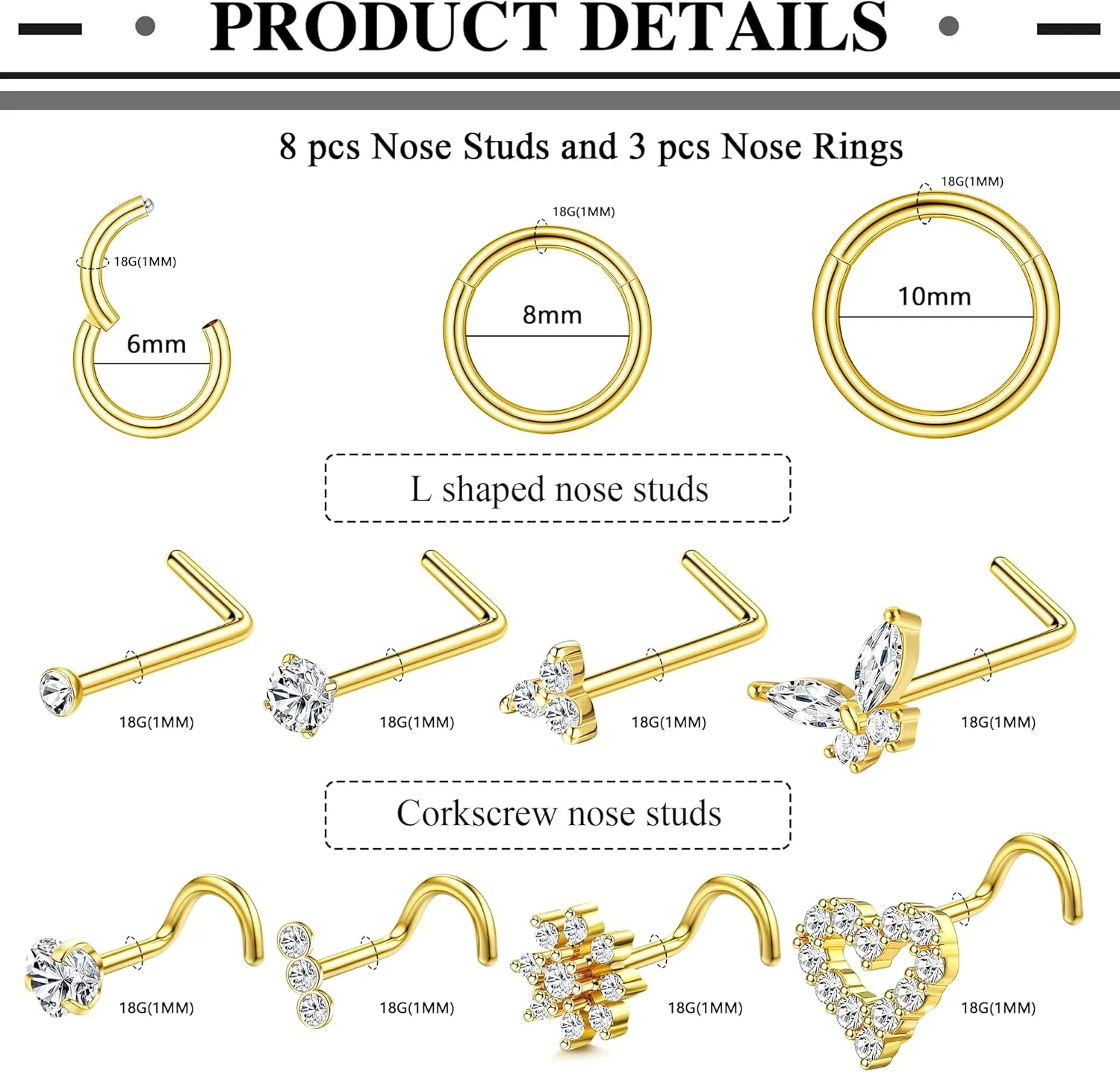Drperfect Nose Studs Nose Rings 18G 20G Nose Rings Studs Gold Small Nose Studs - L Shaped Corkscrew Hoop Nose Ring - CZ Butterfly Heart Flower 316L Surgical Steel Tiny Nostril Nose Piercing Jewelry for Women Men 11Pcs