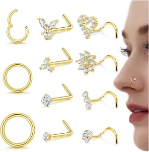 Drperfect Nose Studs Nose Rings 18G 20G Nose Rings Studs Gold Small Nose Studs - L Shaped Corkscrew Hoop Nose Ring - CZ Butterfly Heart Flower 316L Surgical Steel Tiny Nostril Nose Piercing Jewelry for Women Men 11Pcs