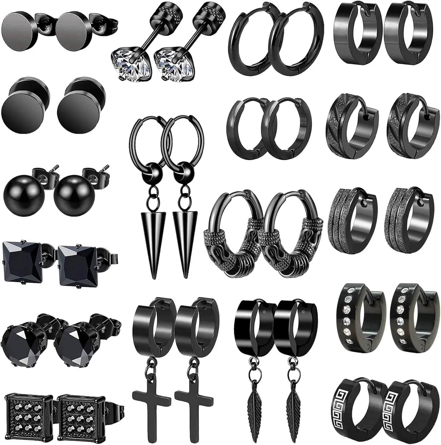 Earrings for Men - 18 Pairs, Black Gold Silver & Stainless Steel Stud, Cross, Dangle, Hoop Earrings Set - Fashion Piercing Jewelry