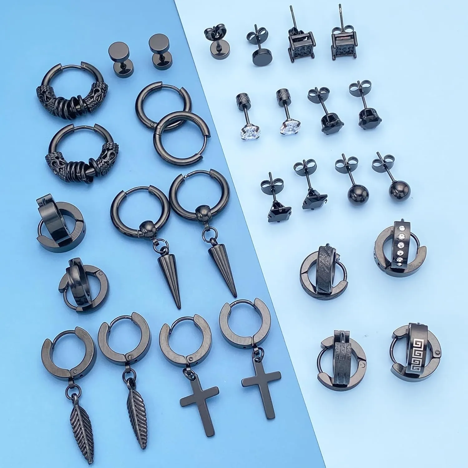 Earrings for Men - 18 Pairs, Black Gold Silver & Stainless Steel Stud, Cross, Dangle, Hoop Earrings Set - Fashion Piercing Jewelry