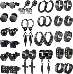 Earrings for Men - 18 Pairs, Black Gold Silver & Stainless Steel Stud, Cross, Dangle, Hoop Earrings Set - Fashion Piercing Jewelry