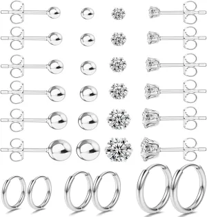 Earrings Stud for Ear Piercing Jewelry Hypoallergenic Surgical Stainless Steel 20G CZ Stud Earrings for Multiple Cartilage Helix Small Huggie Hoop Earrings for Women Men Silver 15Pairs Set