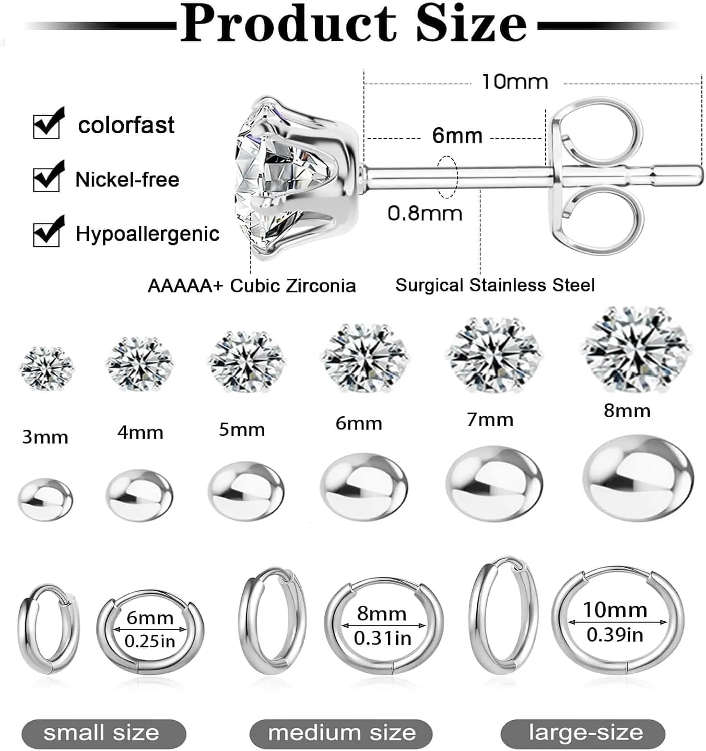 Earrings Stud for Ear Piercing Jewelry Hypoallergenic Surgical Stainless Steel 20G CZ Stud Earrings for Multiple Cartilage Helix Small Huggie Hoop Earrings for Women Men Silver 15Pairs Set