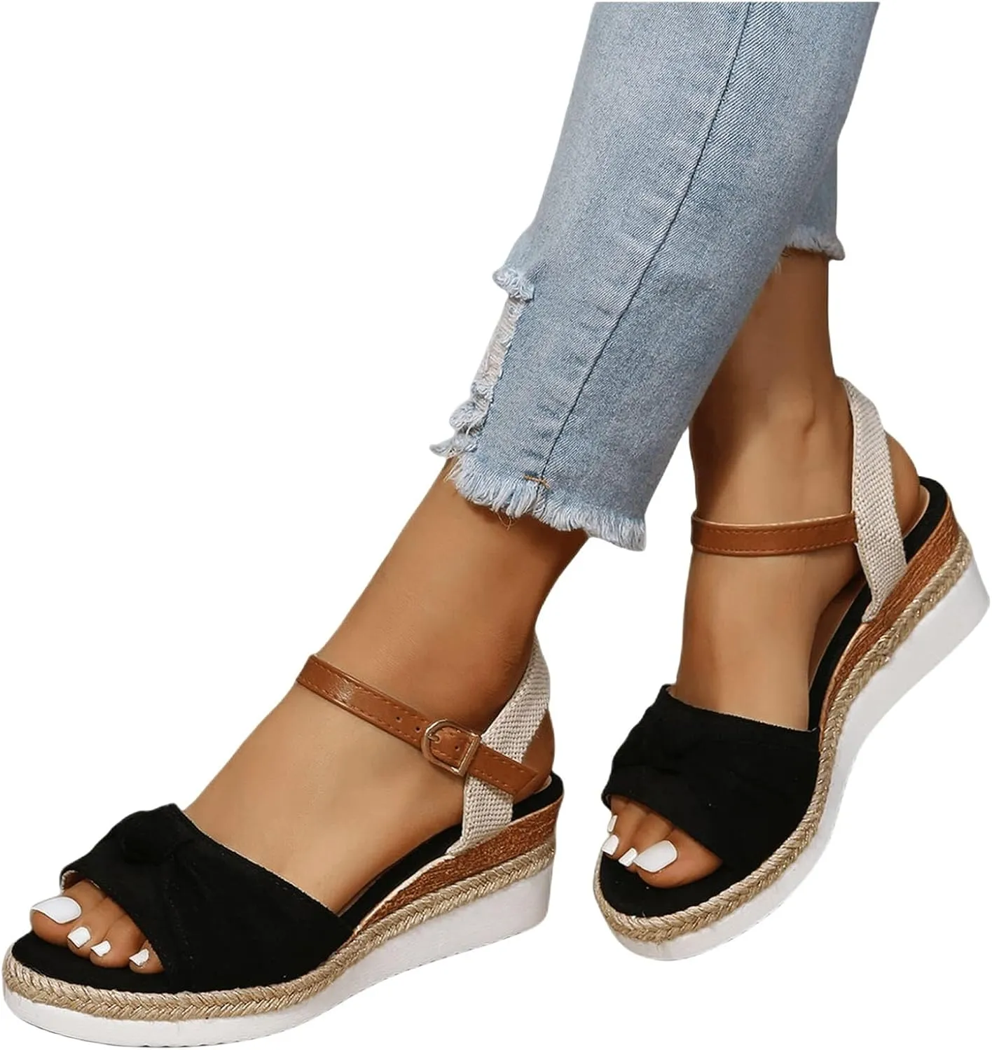 Edge Sandals for Women Espadrilles Open Toe Ankle Strap Wedge Heels Dressy Summer Platform Comfortable Slip on Wedges Buckle Orthopedic 2025 Casual Beach Boho Outdoor Strappy Flat Shoes