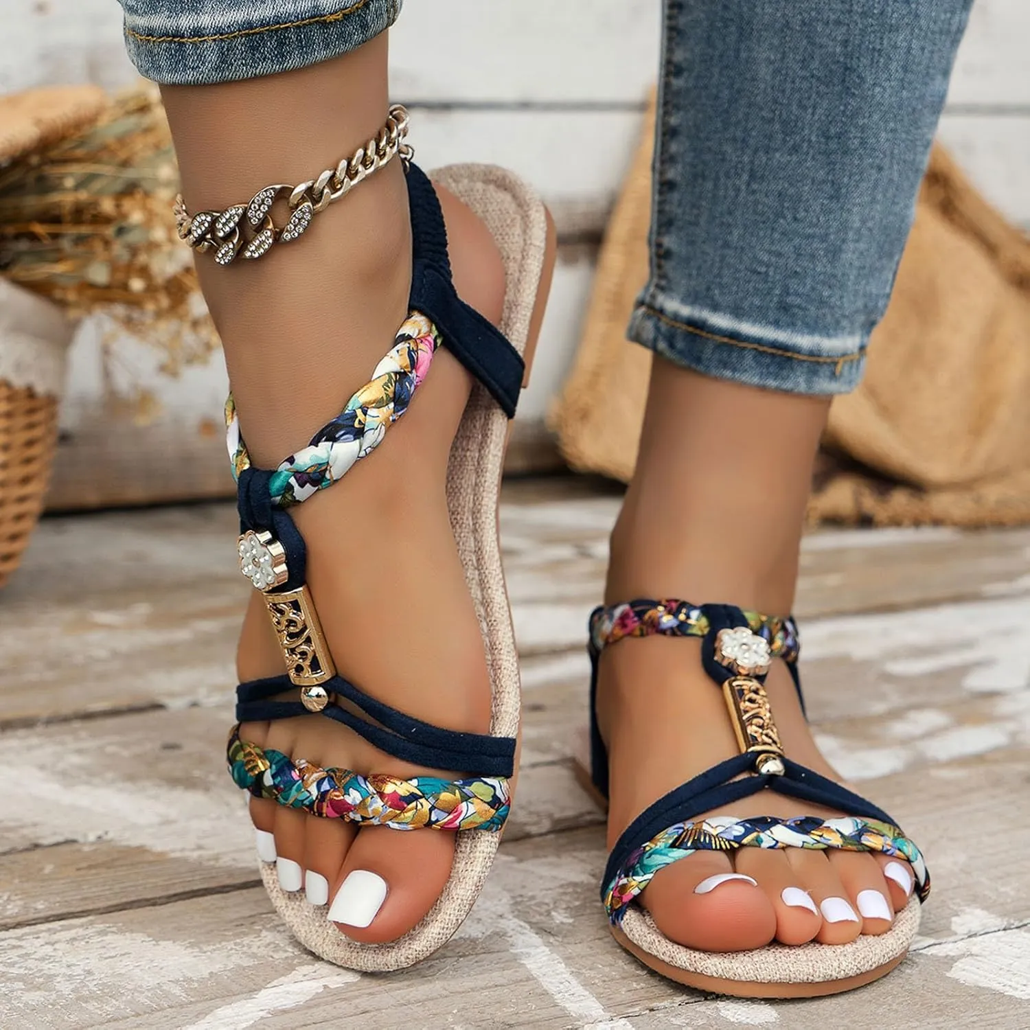 Eduavar Womens Sandals Arch Support Bohemian Comfort Dressy Rhinestone Summer Beach Flat Shoes Slip-on Ankle Strap Sandals