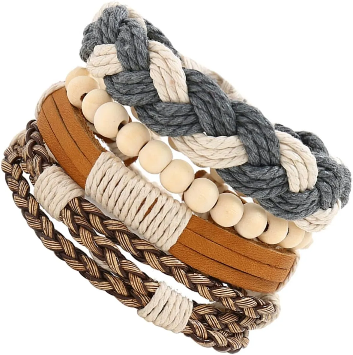 Elegant 4pc Leather Braid Bracelet Set Stackable Fashion Jewelry for Special Occasions