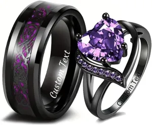 Engraved His & Hers Matching Purple CZ Heart Tungsten Wedding Rings Set, Size 5-13