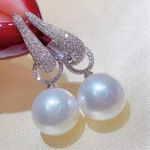 EVURU Trend Imitation Pearl Dangle Earring for Women Luxury Silver Color Bling Cubic Fashion Elegant Women Jewelry 1Pair