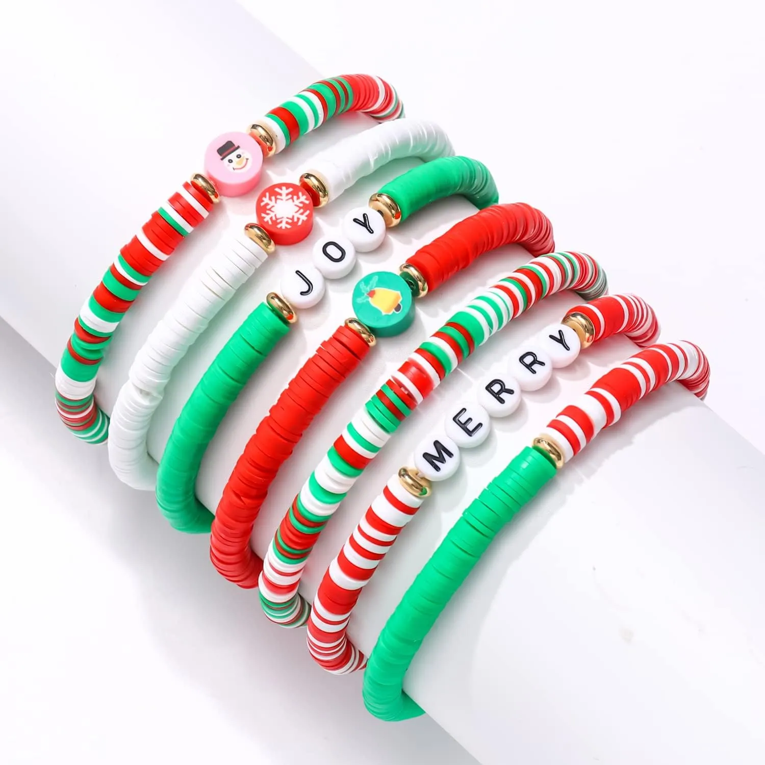 FAERLIIRY Christmas Beaded Stretch Bracelets Stackable Polymer Clay Disc Beads Bracelets Heishi Surfer Perppy Adjustable Bracelets