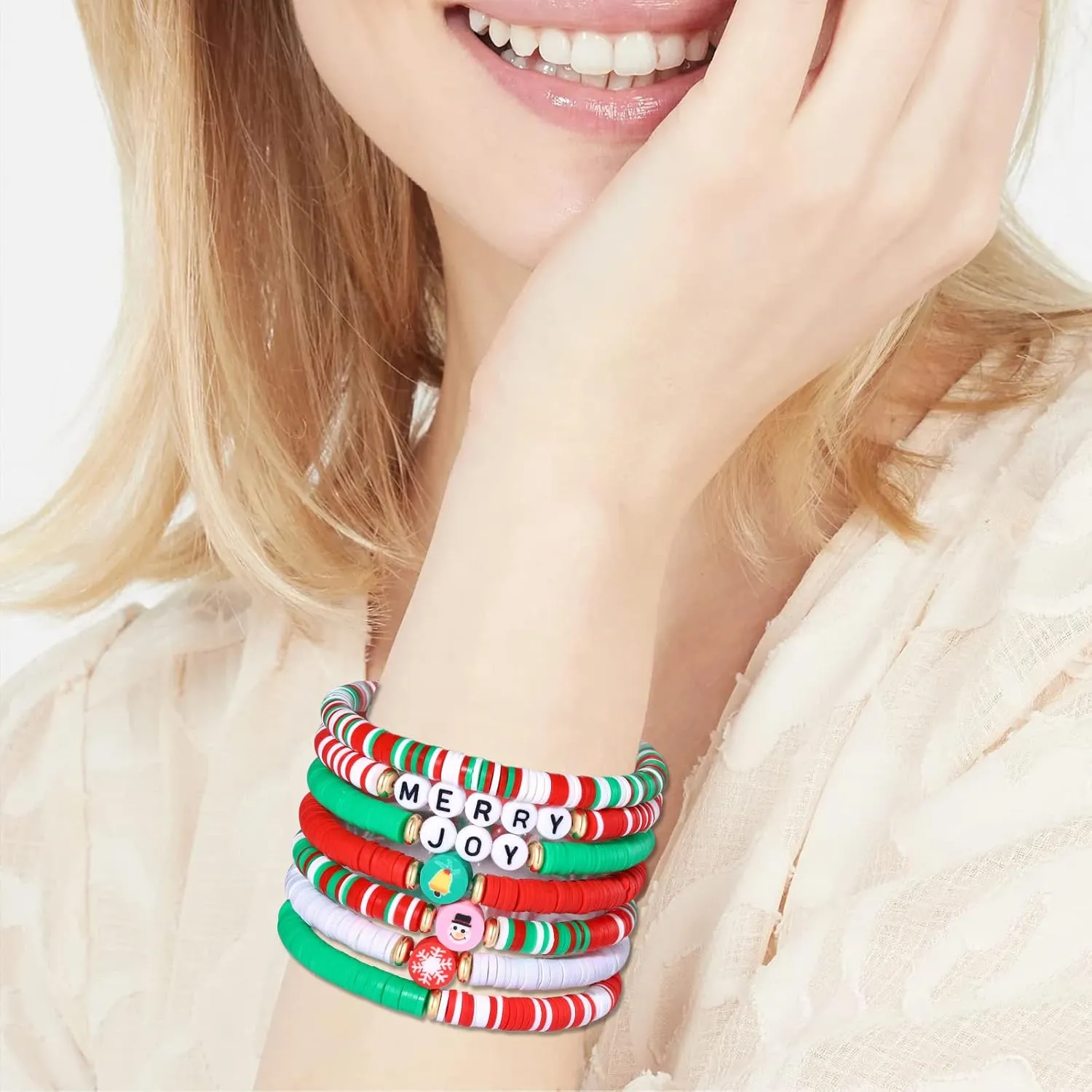 FAERLIIRY Christmas Beaded Stretch Bracelets Stackable Polymer Clay Disc Beads Bracelets Heishi Surfer Perppy Adjustable Bracelets