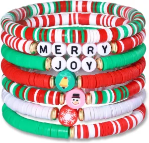 FAERLIIRY Christmas Beaded Stretch Bracelets Stackable Polymer Clay Disc Beads Bracelets Heishi Surfer Perppy Adjustable Bracelets