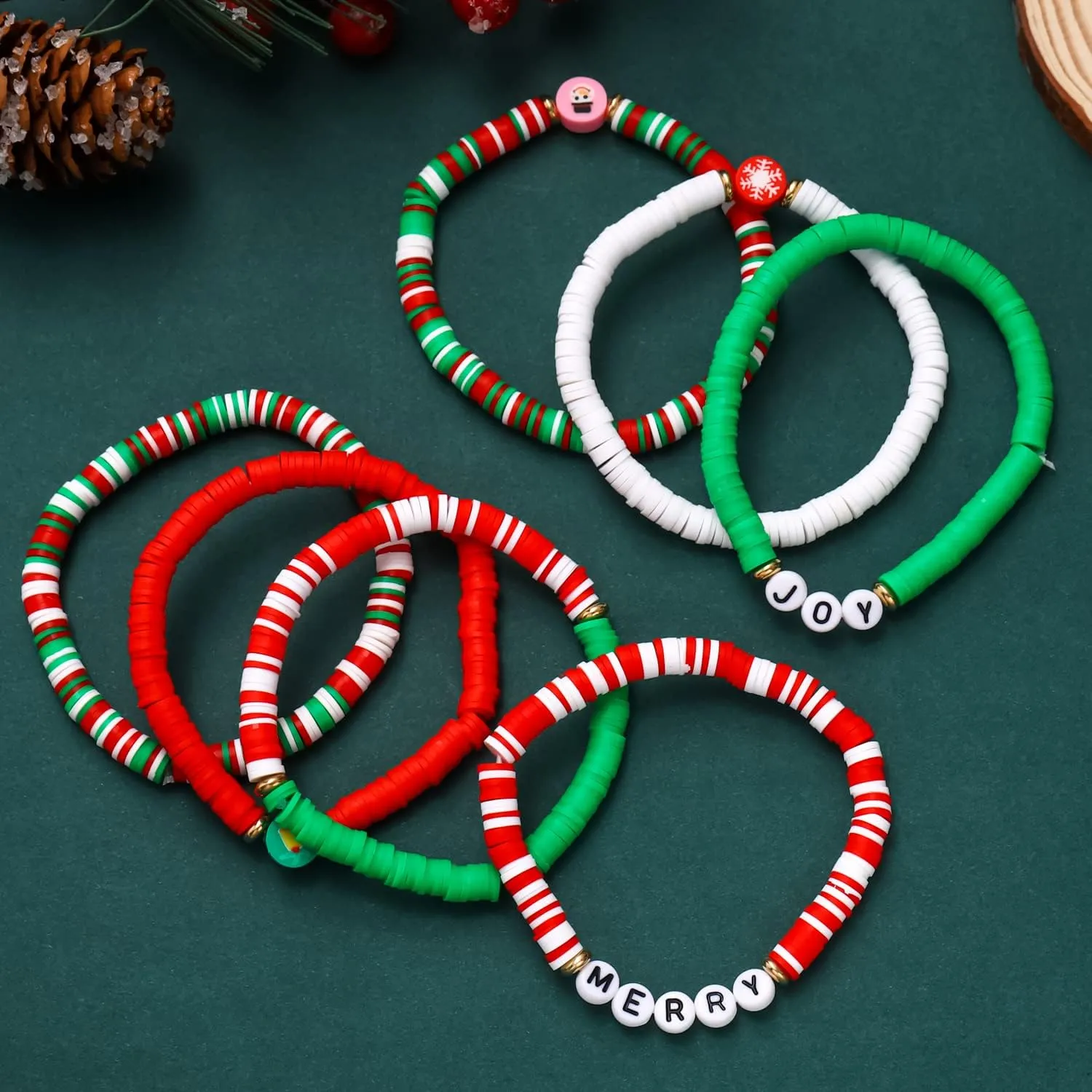 FAERLIIRY Christmas Beaded Stretch Bracelets Stackable Polymer Clay Disc Beads Bracelets Heishi Surfer Perppy Adjustable Bracelets