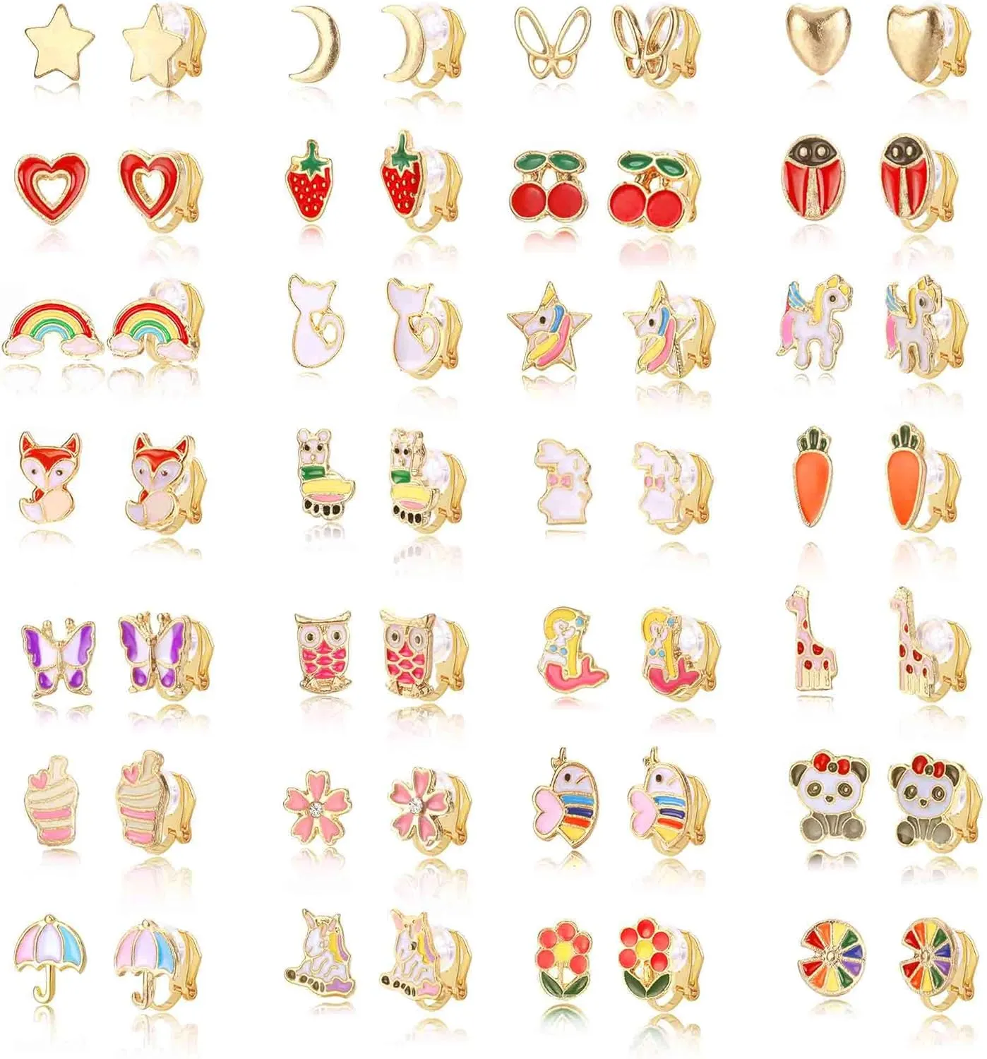 Fansilver 28 Pairs Clip on Earrings for Girls Cute Animal Flower Rainbow Clip Earrings Set for Little Teens Girls Gold Clip on Earrings for Non Piercing Ears,ageover 3 years old