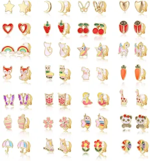Fansilver 28 Pairs Clip on Earrings for Girls Cute Animal Flower Rainbow Clip Earrings Set for Little Teens Girls Gold Clip on Earrings for Non Piercing Ears,ageover 3 years old