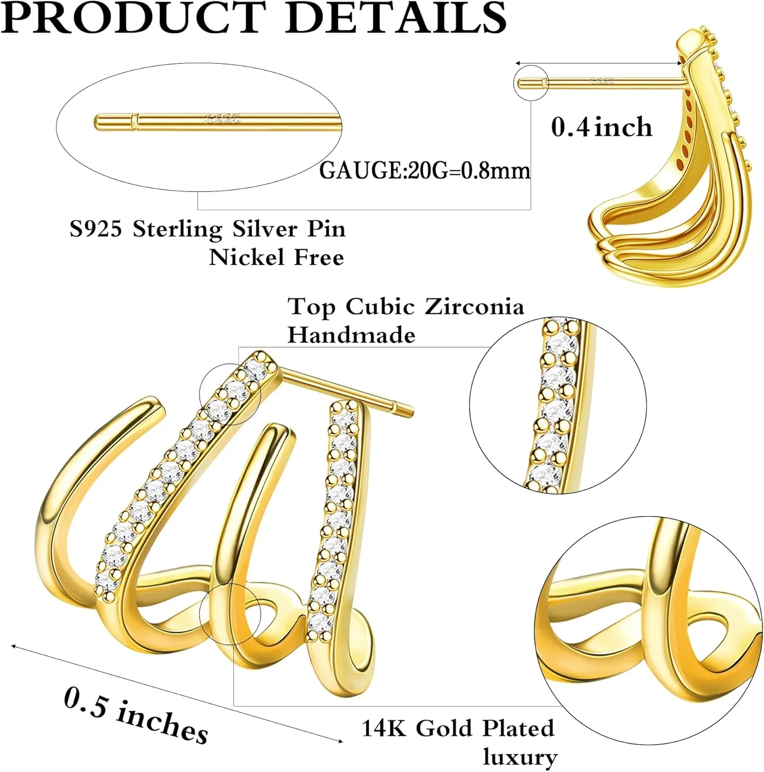 Fansilver 925 Sterling Silver   Cubic Zirconia    Cuff Earrings Triple Huggie Illusion Stud Earrings Hypoallergenic Wrap Ear Cuffs Earrings for Women Trendy