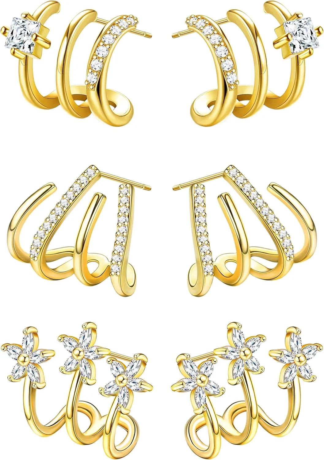 Fansilver 925 Sterling Silver   Cubic Zirconia    Cuff Earrings Triple Huggie Illusion Stud Earrings Hypoallergenic Wrap Ear Cuffs Earrings for Women Trendy