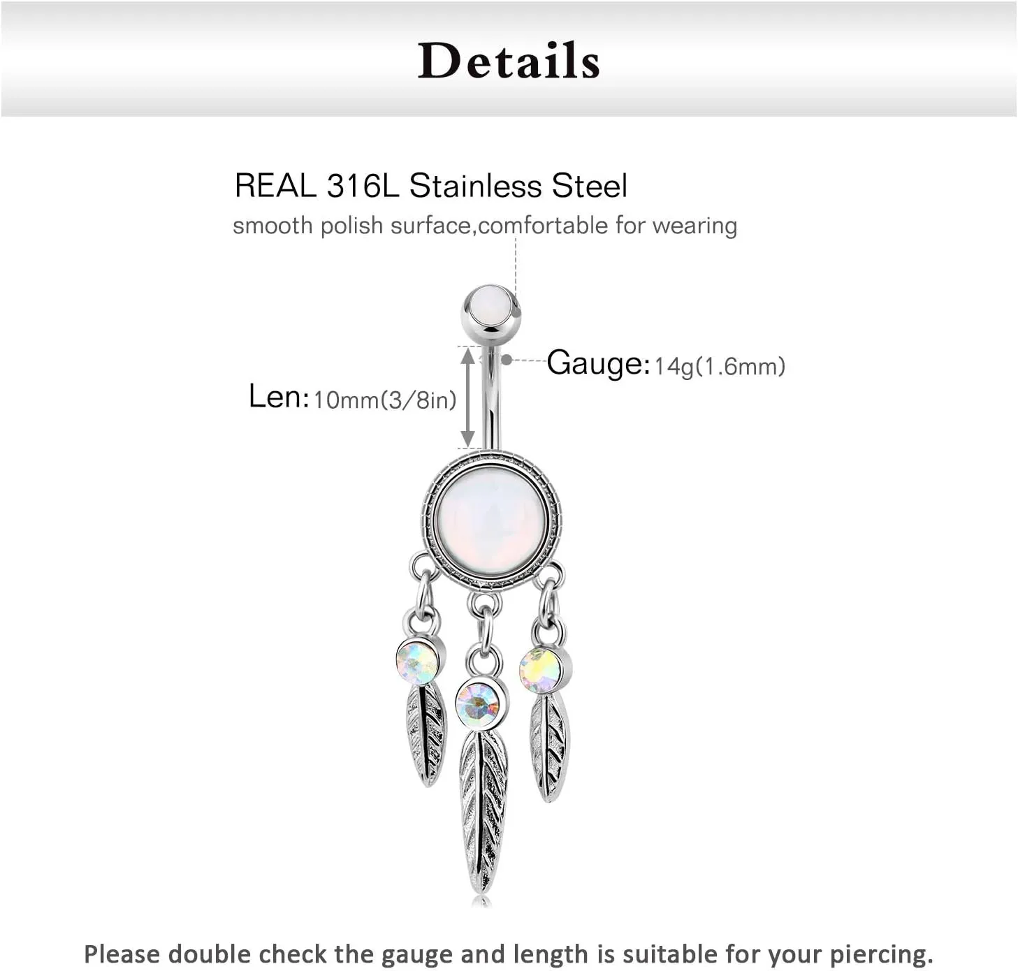 FECTAS 14g Belly Button Rings Surgical Steel Dangle CZ Navel Ring Barbell for Women Body Piercing Jewelry Rose Gold Silver