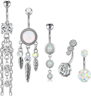 FECTAS 14g Belly Button Rings Surgical Steel Dangle CZ Navel Ring Barbell for Women Body Piercing Jewelry Rose Gold Silver