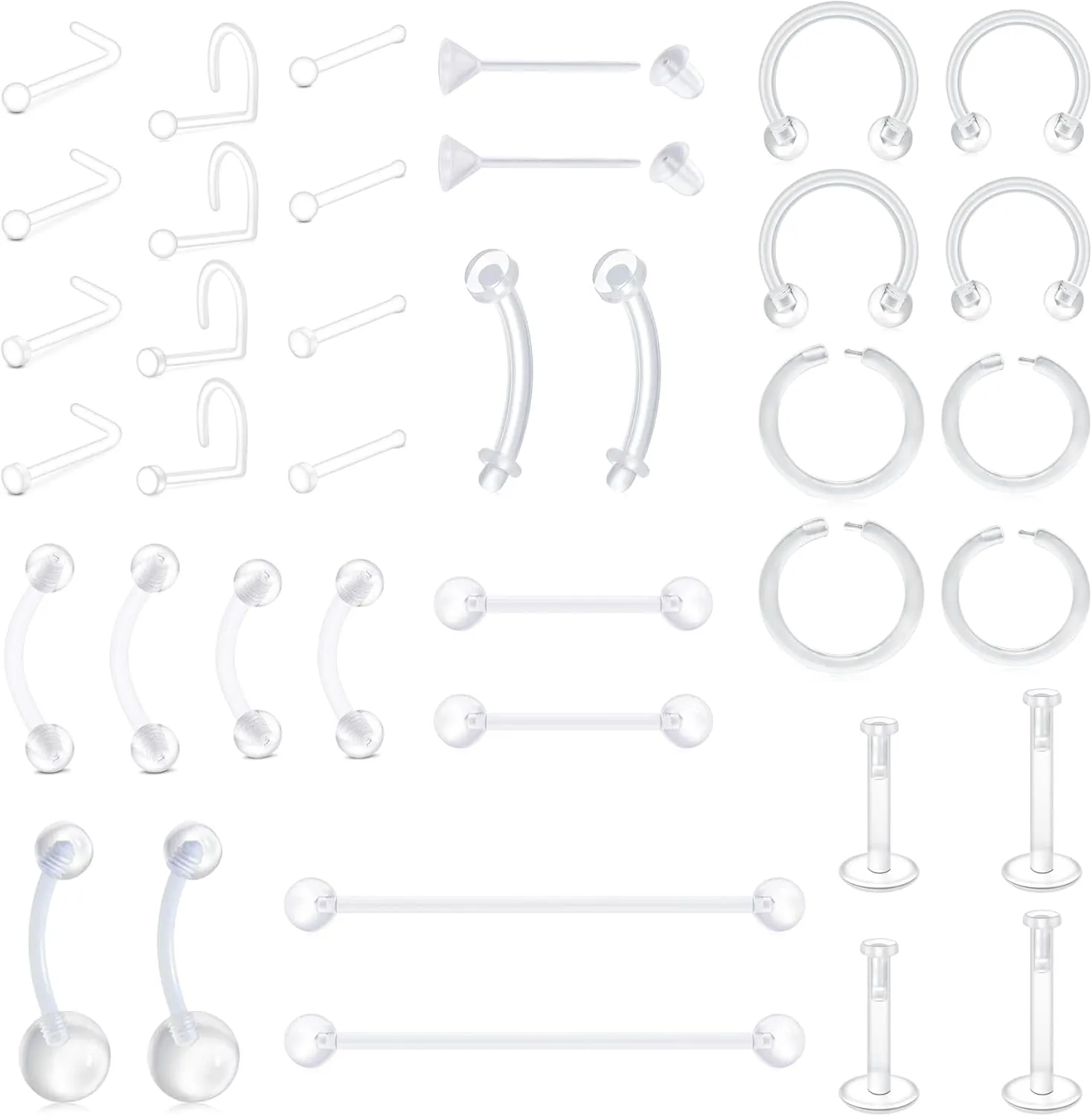 FECTAS 20-38PCS Clear Piercing Jewelry Bioflex Plastic Earrings Nose Rings Studs Septum Belly Cartilage Helix Industrial Nipple Tongue Lip Labret Eyebrow Piercing Retainers for Surgery Work Sports
