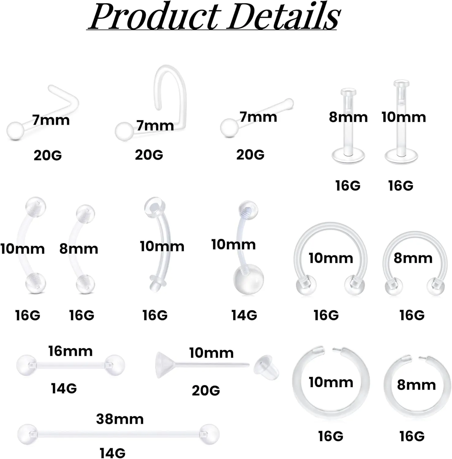 FECTAS 20-38PCS Clear Piercing Jewelry Bioflex Plastic Earrings Nose Rings Studs Septum Belly Cartilage Helix Industrial Nipple Tongue Lip Labret Eyebrow Piercing Retainers for Surgery Work Sports