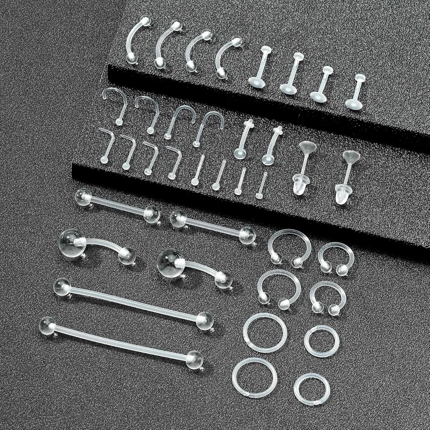 FECTAS 20-38PCS Clear Piercing Jewelry Bioflex Plastic Earrings Nose Rings Studs Septum Belly Cartilage Helix Industrial Nipple Tongue Lip Labret Eyebrow Piercing Retainers for Surgery Work Sports