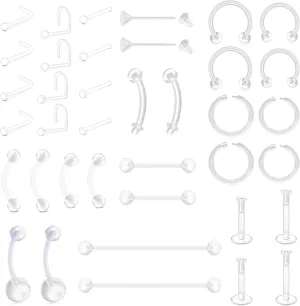 FECTAS 20-38PCS Clear Piercing Jewelry Bioflex Plastic Earrings Nose Rings Studs Septum Belly Cartilage Helix Industrial Nipple Tongue Lip Labret Eyebrow Piercing Retainers for Surgery Work Sports