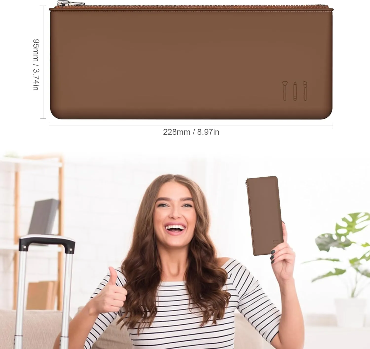 FERYES Silicone Makeup Brush Bag  Elegant Cosmetic Brushes Pouch Bag with YKK Zipper, Travel Makeup Tools Organizer Bag -Brown