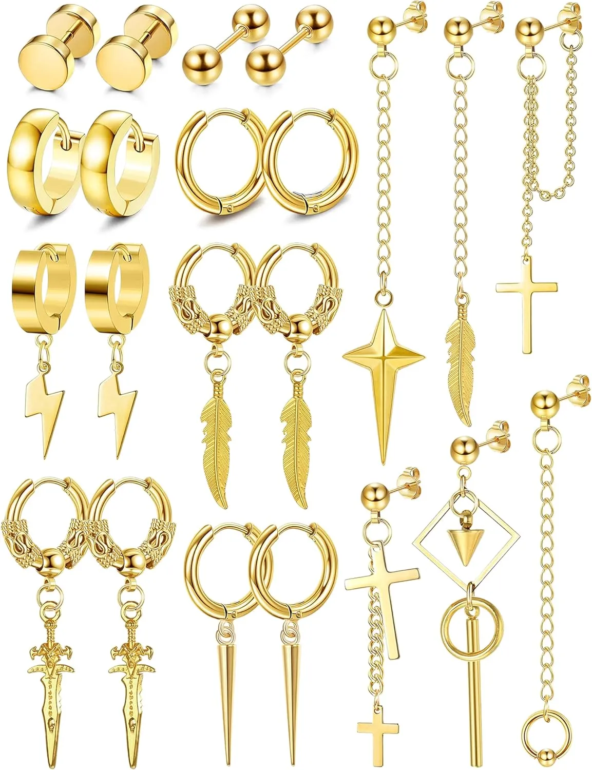 Fiasaso 22Pcs Dangle Earrings for Men Stainless Steel Hinged Hoop Earrings Long Chain Stud Cross Dangle Earrings Set Kpop Earrings for Mens Black, Silver and Gold