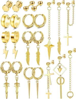 Fiasaso 22Pcs Dangle Earrings for Men Stainless Steel Hinged Hoop Earrings Long Chain Stud Cross Dangle Earrings Set Kpop Earrings for Mens Black, Silver and Gold