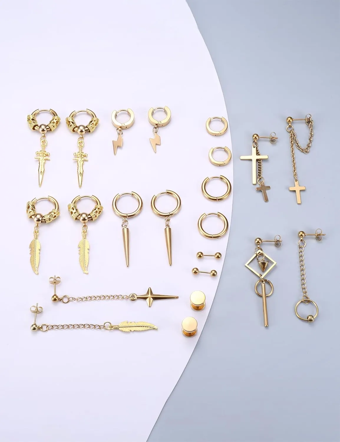 Fiasaso 22Pcs Dangle Earrings for Men Stainless Steel Hinged Hoop Earrings Long Chain Stud Cross Dangle Earrings Set Kpop Earrings for Mens Black, Silver and Gold