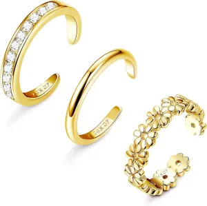 FIASASO 3Pcs Gold Filled Toe Rings for Women Non Tarnish 14K Gold Filled Toe Ring Adjustable Flower Cz Dainty Toe Ring Summer Beach Open Toe Rings Set Toe Jewelry Foot Jewelry