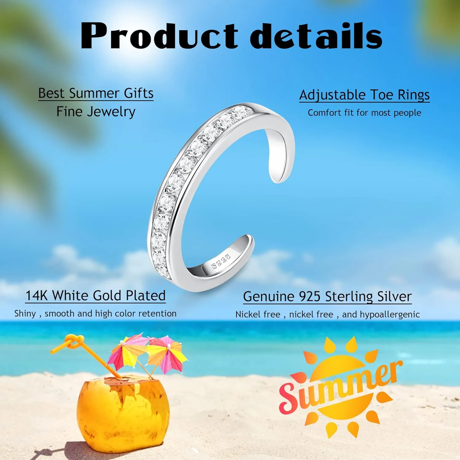 FIASASO 925 Sterling Silver Toe Rings for Women Adjustable 14K White Gold Plated Flower Cz Snake Twist Opal Band Rings Summer Beach Open Toe Rings Foot Jewelry