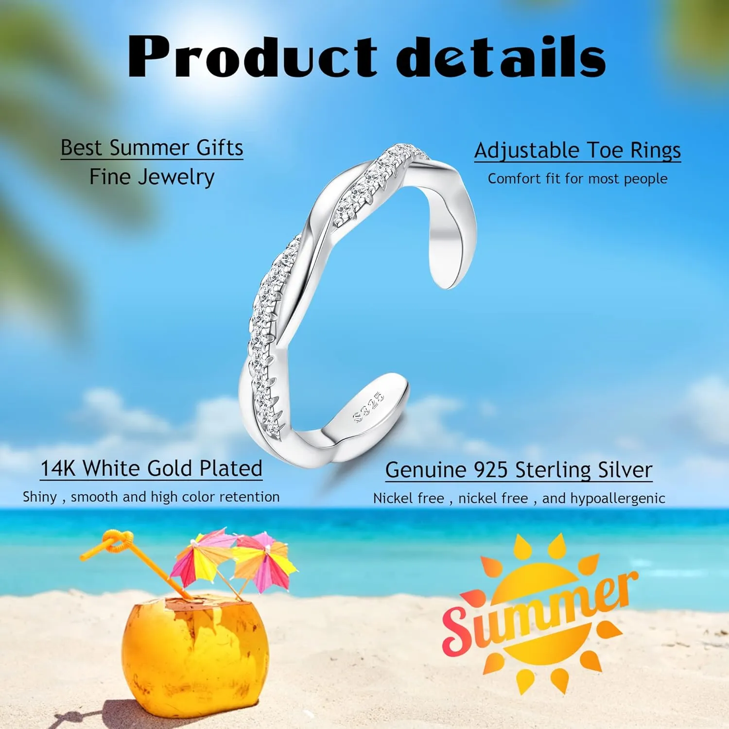FIASASO 925 Sterling Silver Toe Rings for Women Adjustable 14K White Gold Plated Flower Cz Snake Twist Opal Band Rings Summer Beach Open Toe Rings Foot Jewelry