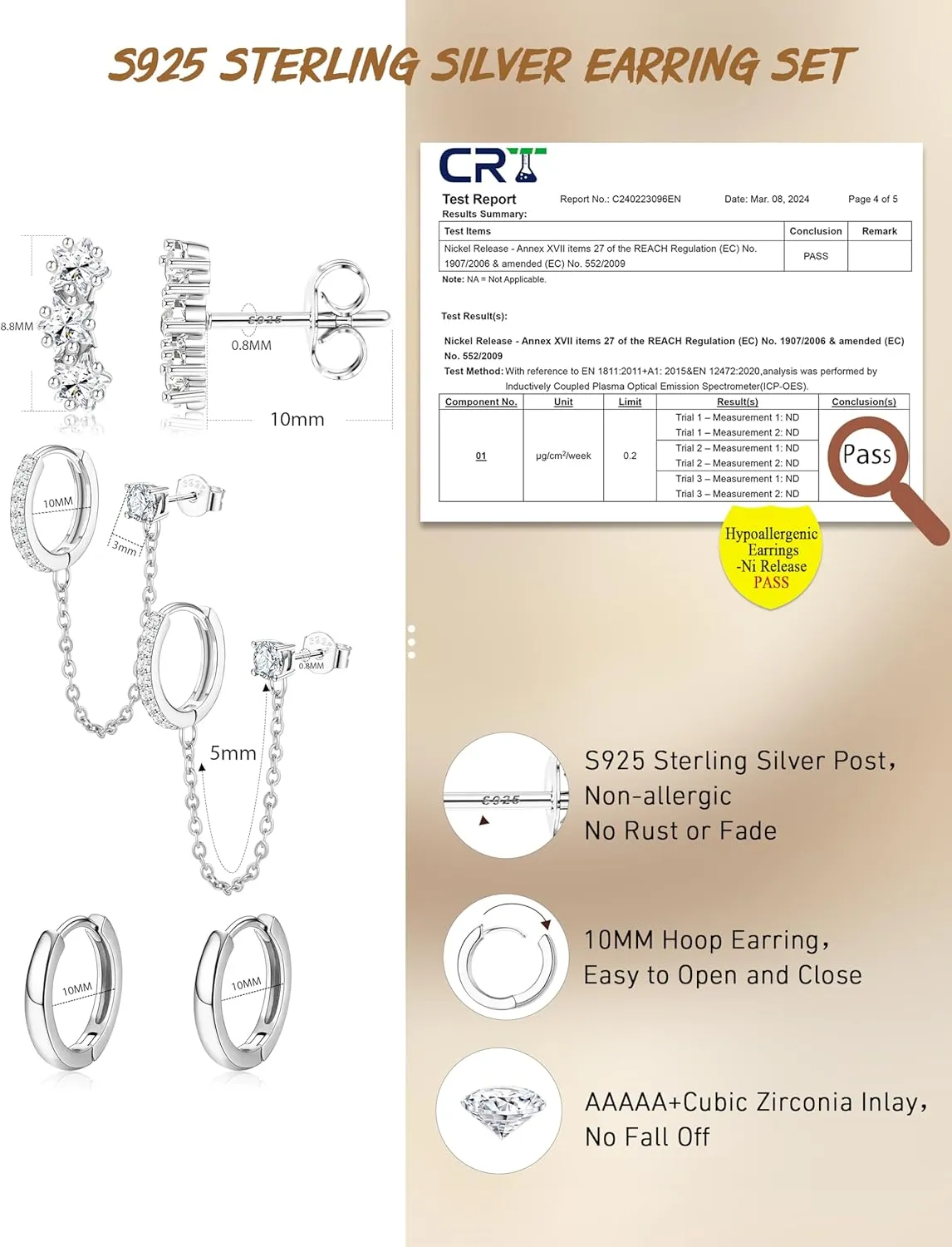 FIBO STEEL 14K Gold Earrings for Women - 925 Sterling Silver Hypoallergenic Earrings Set for Multiple Piercing - Cartilage Dainty Small Huggie Hoop Stud Earring Stacks for Sensitive Ears