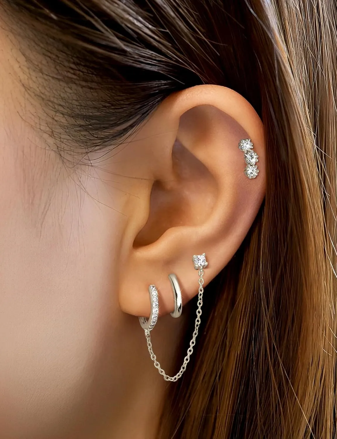 FIBO STEEL 14K Gold Earrings for Women - 925 Sterling Silver Hypoallergenic Earrings Set for Multiple Piercing - Cartilage Dainty Small Huggie Hoop Stud Earring Stacks for Sensitive Ears