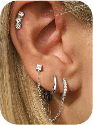 FIBO STEEL 14K Gold Earrings for Women - 925 Sterling Silver Hypoallergenic Earrings Set for Multiple Piercing - Cartilage Dainty Small Huggie Hoop Stud Earring Stacks for Sensitive Ears