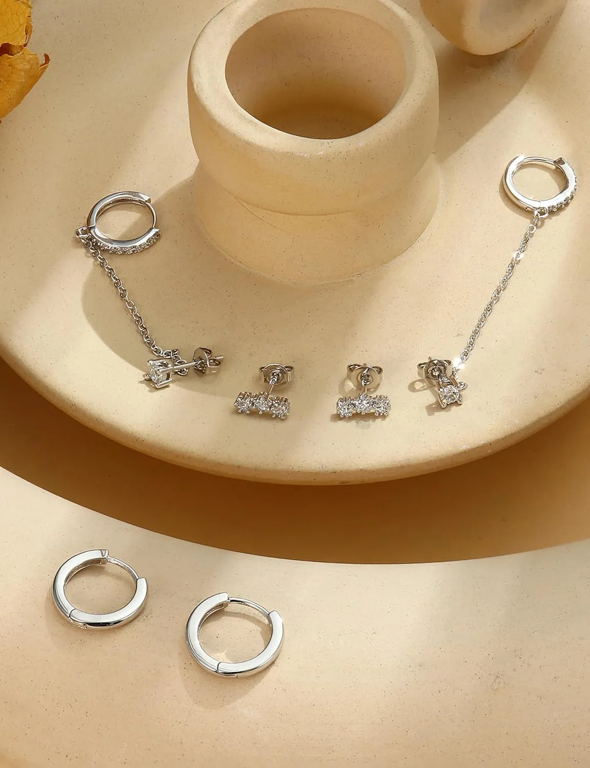 FIBO STEEL 14K Gold Earrings for Women - 925 Sterling Silver Hypoallergenic Earrings Set for Multiple Piercing - Cartilage Dainty Small Huggie Hoop Stud Earring Stacks for Sensitive Ears