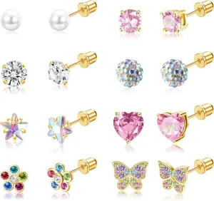 FIBO STEEL 8 Pairs Hypoallergenic Screw back Earrings for Women 316L Stainless Steel CZ Heart Pearl Flower Butterfly Screw Back Stud Earrings Pack