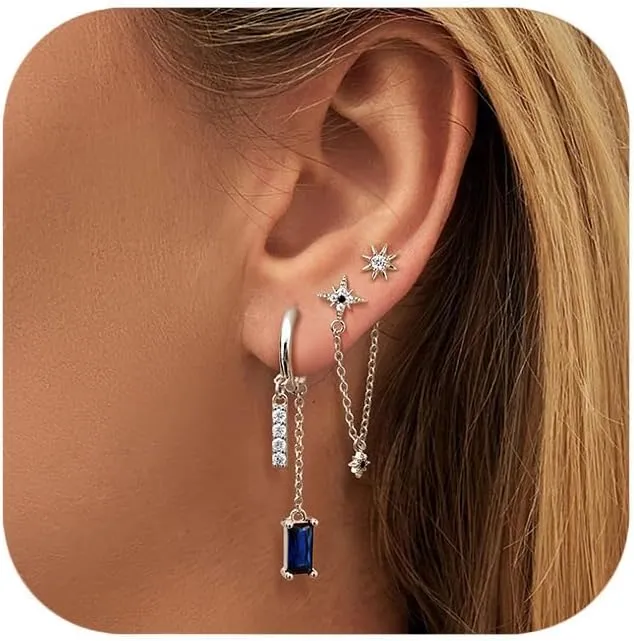 FIBO STEEL Sterling Silver Earring Sets for Multiple Piercing 14K Gold Plated Dainty Earrings for Women Hypoallergenic Huggie Hoop Drop Dangle Stud Earrings Cartilage Earring Set