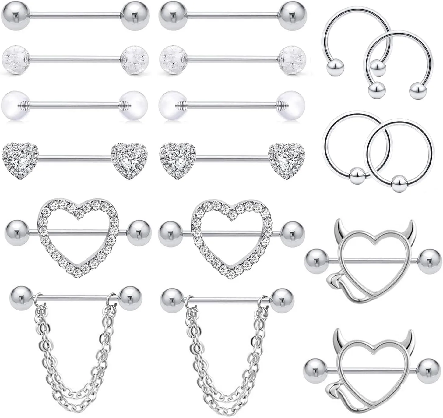 FIRAZIO 18Pcs Stainless Steel Nipple Rings for Women Tongue Ring Piercing Body Jewelry Barbell CZ Heart Shape Barbells Piercing Rings