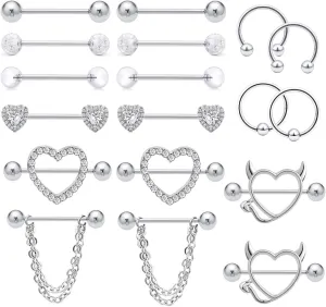 FIRAZIO 18Pcs Stainless Steel Nipple Rings for Women Tongue Ring Piercing Body Jewelry Barbell CZ Heart Shape Barbells Piercing Rings