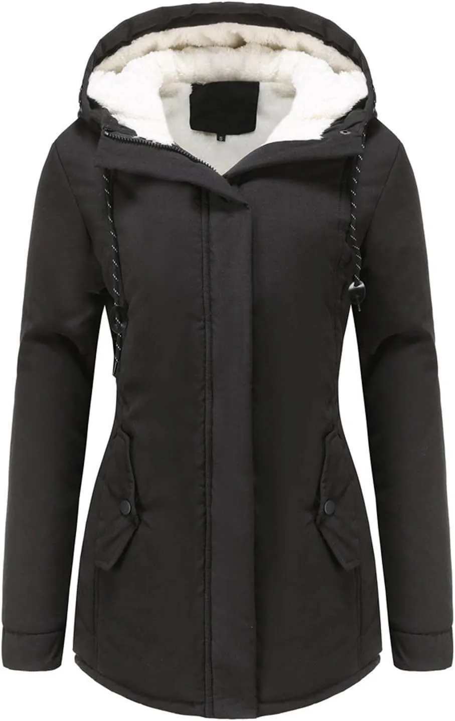 Fleece Coat for Women Long Sleeve Botton Full Zip Plain Hooded Plush Jacket with Pocket Mid Length Overcoat Fuzzy Trendy