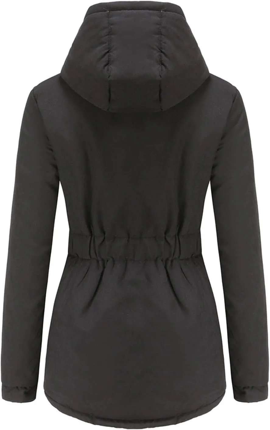 Fleece Coat for Women Long Sleeve Botton Full Zip Plain Hooded Plush Jacket with Pocket Mid Length Overcoat Fuzzy Trendy