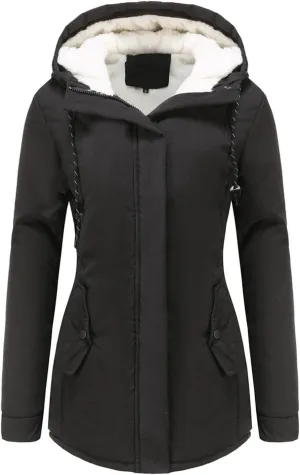 Fleece Coat for Women Long Sleeve Botton Full Zip Plain Hooded Plush Jacket with Pocket Mid Length Overcoat Fuzzy Trendy