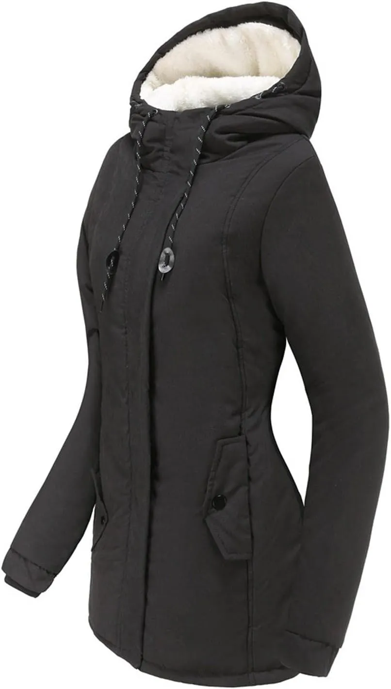 Fleece Coat for Women Long Sleeve Botton Full Zip Plain Hooded Plush Jacket with Pocket Mid Length Overcoat Fuzzy Trendy