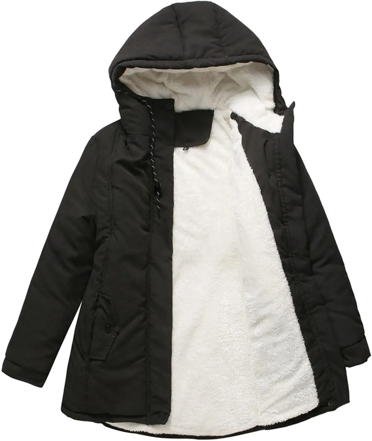 Fleece Coat for Women Long Sleeve Botton Full Zip Plain Hooded Plush Jacket with Pocket Mid Length Overcoat Fuzzy Trendy