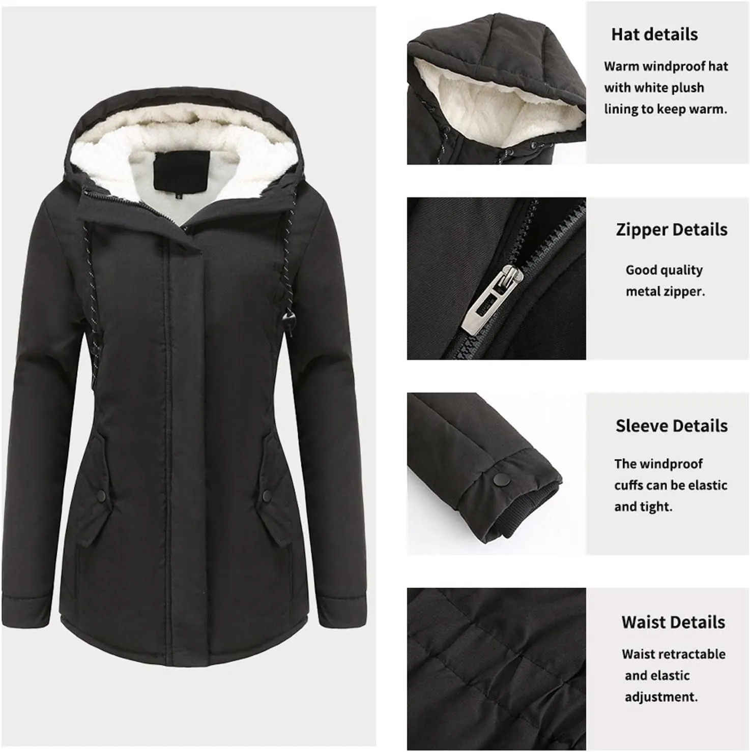 Fleece Coat for Women Long Sleeve Botton Full Zip Plain Hooded Plush Jacket with Pocket Mid Length Overcoat Fuzzy Trendy