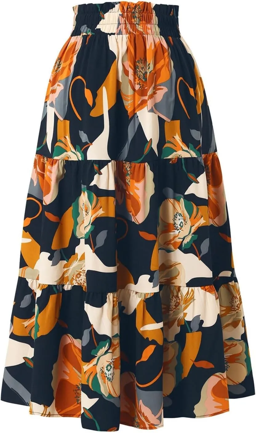 Floral Maxi Skirts for Women Casual Drawstring High Elastic Waisted A-Line Flowy Swing Skirts Summer Boho Skirt