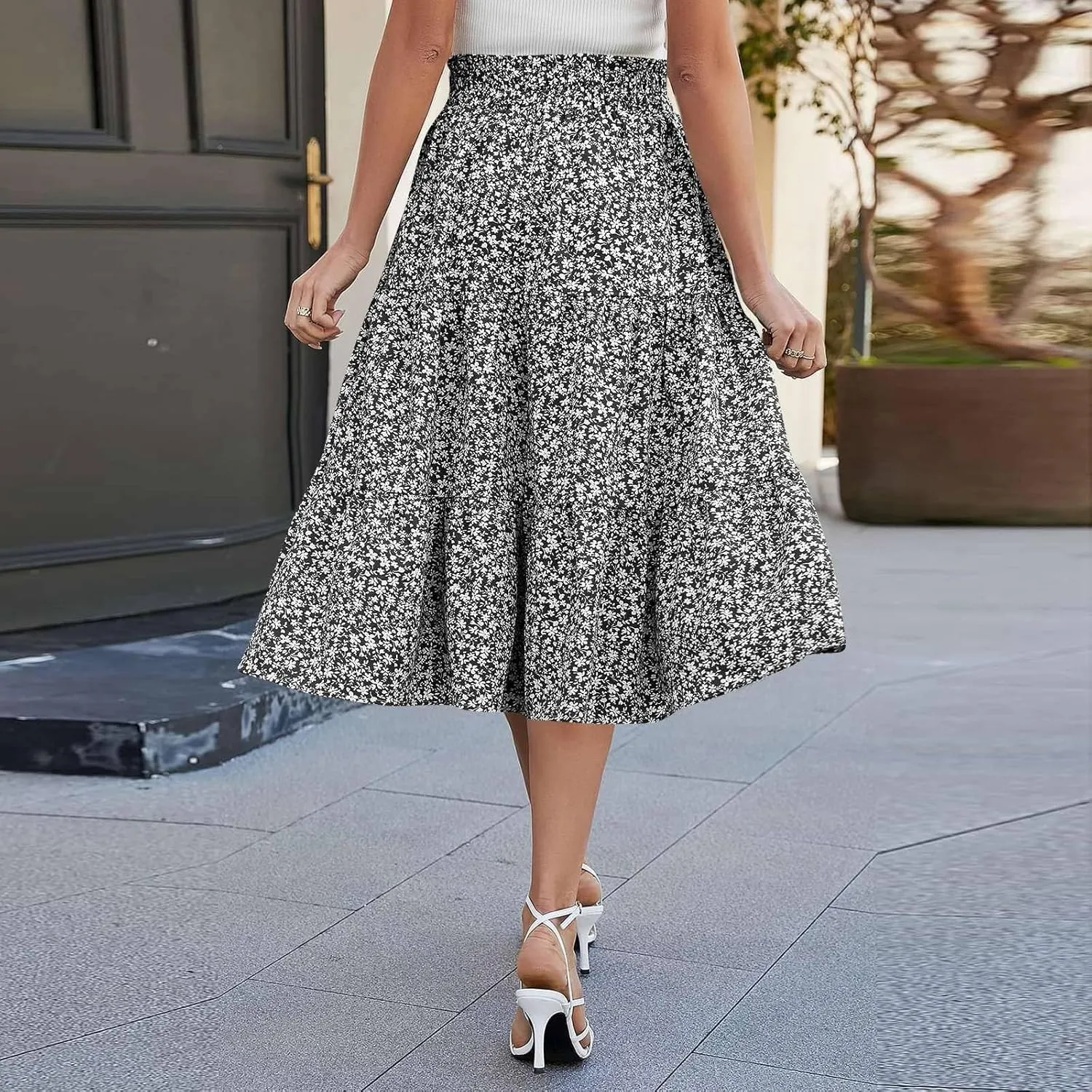Floral Maxi Skirts for Women Trendy Summer Boho Tiered Long Flowy Skirt Drawstring High Waisted Swing A-Line Skirt